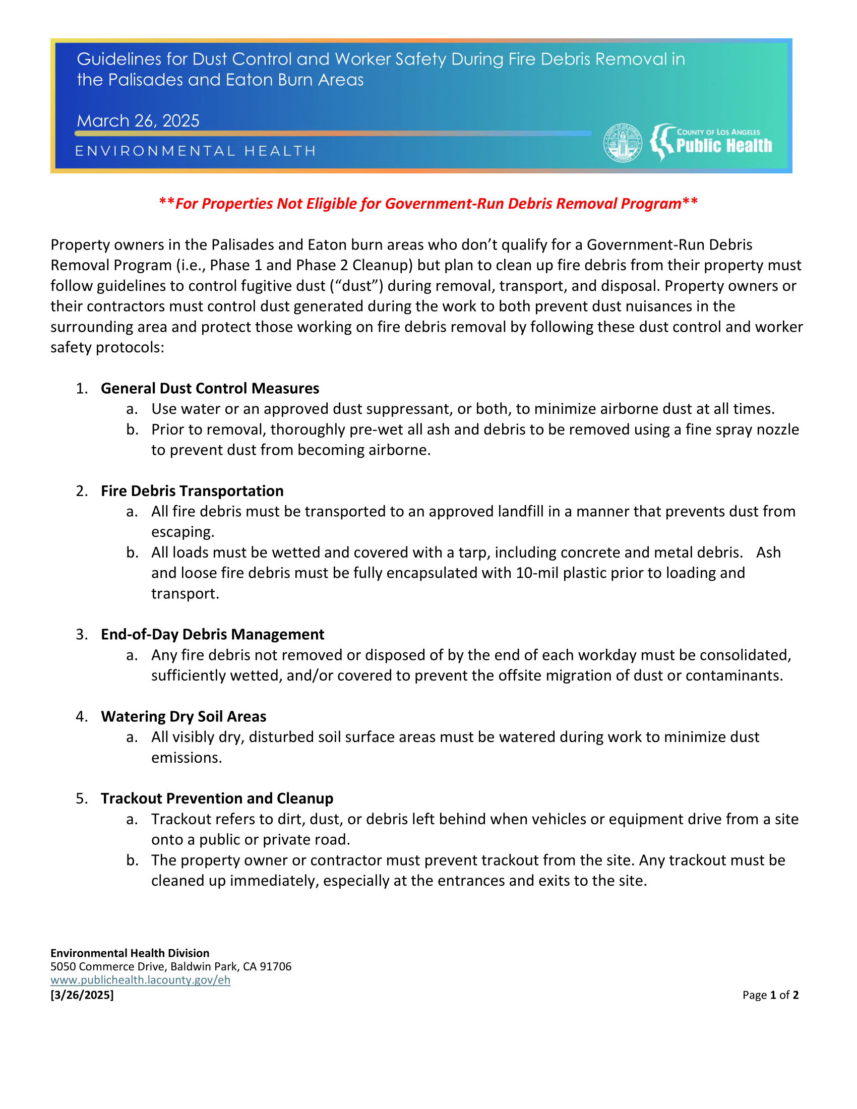 Guidelines for Dust Control and Worker Safety During Fire Debris Removal in the Palisades and Eaton Burn Areas