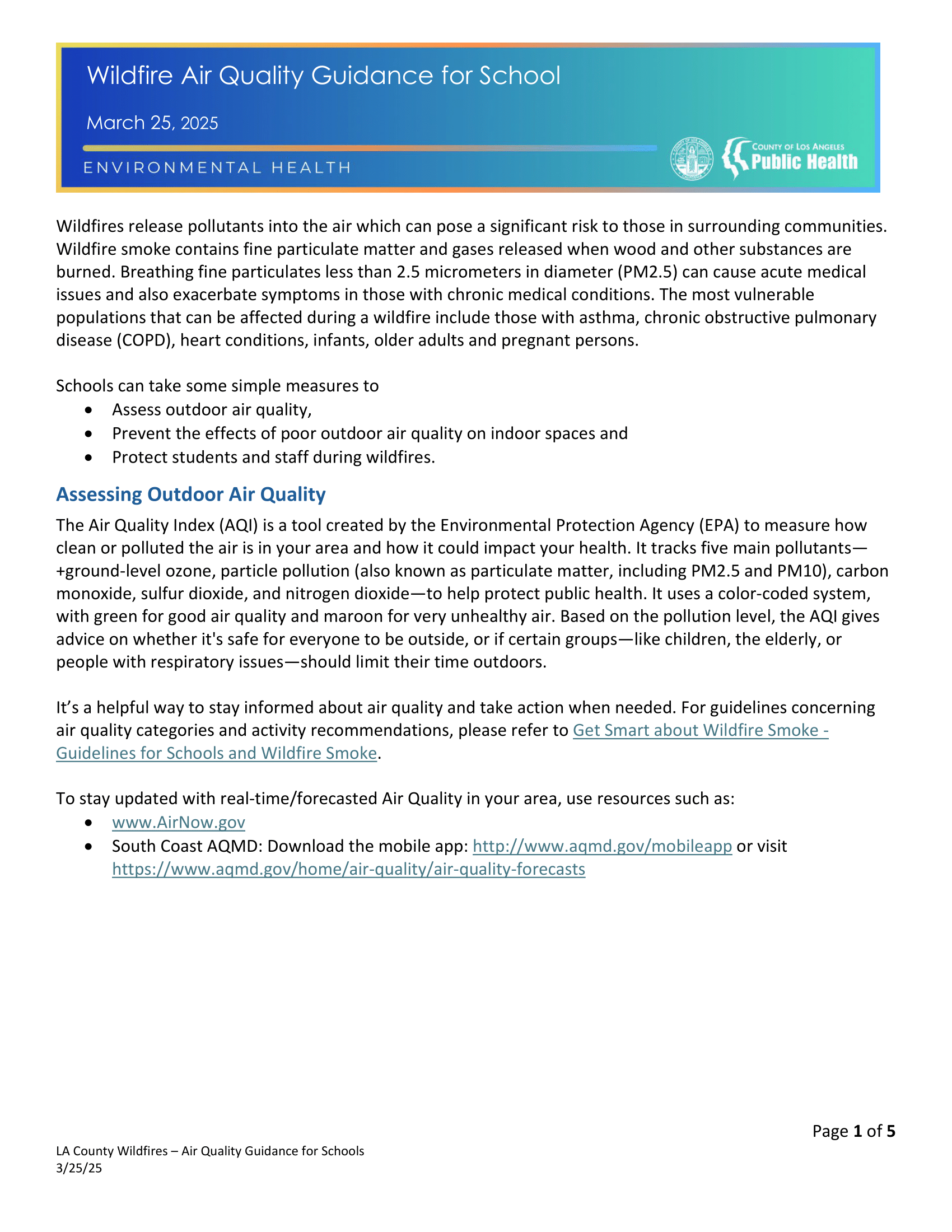 LA County Wildfire Air Quality Schools Guidance