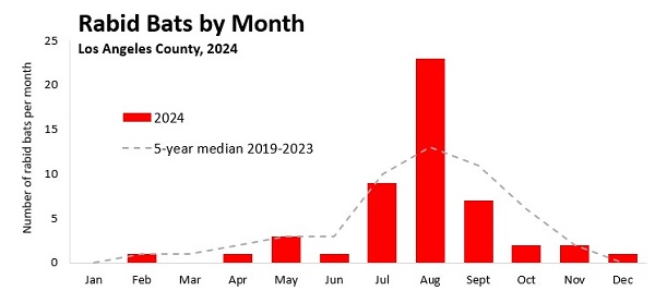 2024 graph - number of rabid bats per month in Los Angeles County