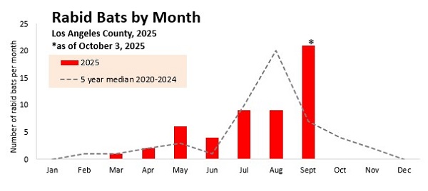 2025 graph - number of rabid bats per month in Los Angeles County